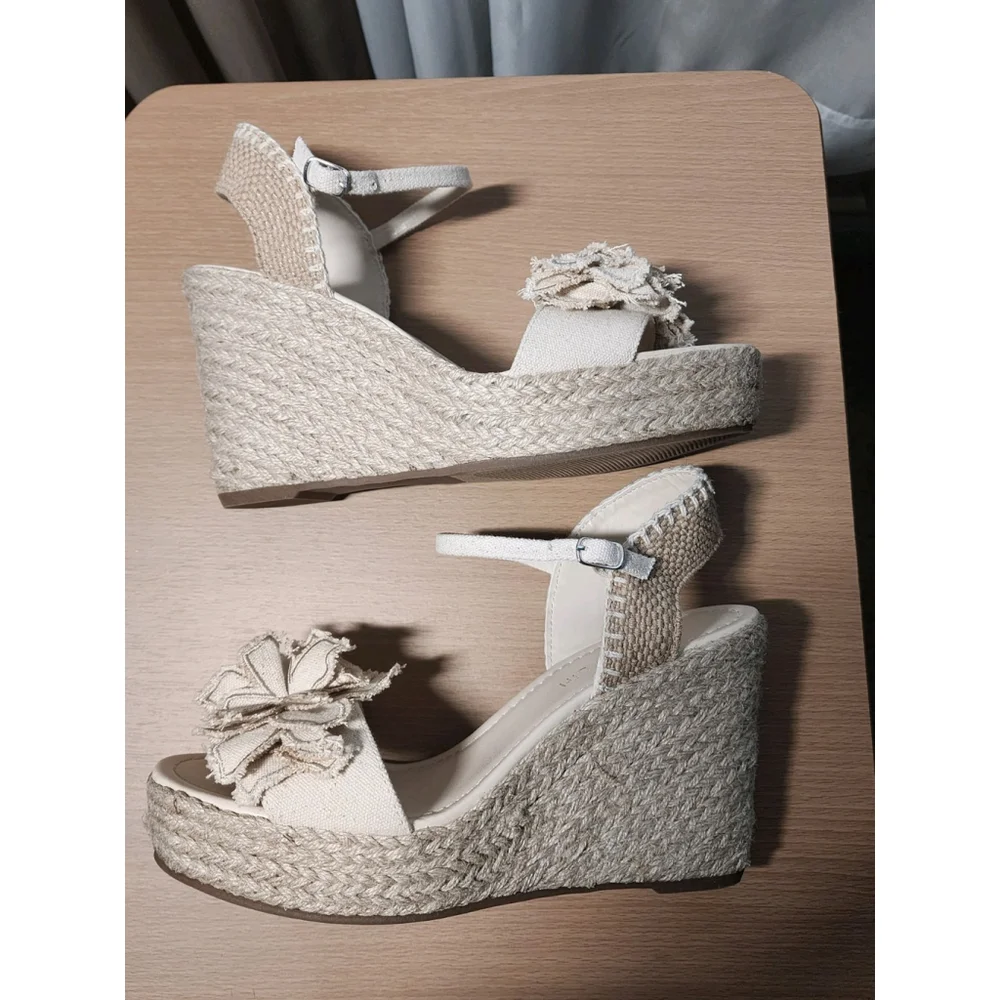 Rosset Espadrille Macrame Wedge Platform Sandal 10 M - Beige Linen Off White